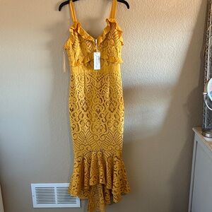 Chic Mustard Lace High-Low Dress